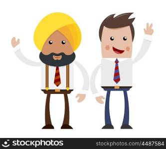 Two businessmen on a white background. Cartoon cheerful businessman. The flat style. The &#xA;concept of friendship and cooperation, and Indian American businessman. Stock vector &#xA;illustration