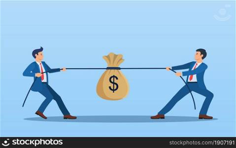 Two Businessmen Pulling Opposite Ends of Rope, Business Competition concept, Rivalry Between Colleagues. Business people. competition, conflict. Tug of war. Vector illustration in flat style.. Two Businessmen Pulling Opposite Ends of Rope,