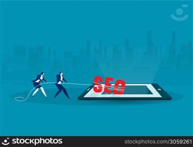 two businessmen pulling rope tied to a big seo word on tablet reserch concept . Flat vector illustration