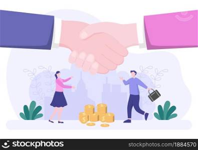Two Businessmen Reach a Deal or Agreement Shaking Hands on Cooperation Contract as Successful Partners. Background Vector Illustration