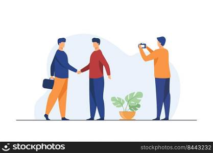 Two businessmen shaking hands and other man taking photo. Partners, agreement. Flat vector illustration. Business concept can be used for presentations, banner, website design, landing web page