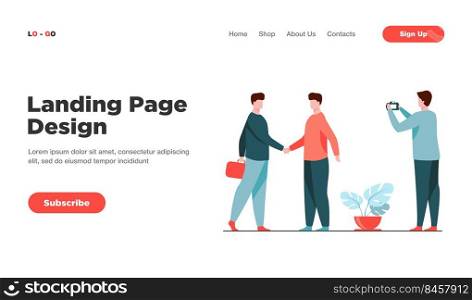 Two businessmen shaking hands and other man taking photo. Partners, agreement. Flat vector illustration. Business concept can be used for presentations, banner, website design, landing web page
