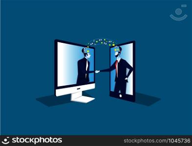 Two businessmen shaking hands with investment on laptop computer concepts. -Vector