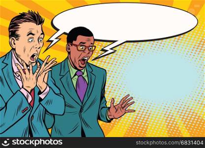two businessmen shocked, multi-ethnic group. Pop art retro vector illustration. two businessmen shocked, multi-ethnic group