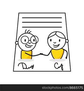 Two businessmen successfully signed a project cooperation agreement contract. Business deal or partnership, investment contract or job offer agreement concept. Vector stock illustration