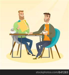Two businessmen talking at a business meeting. Businessmen drinking coffee at a business meeting. Two caucasian businessmen during business meeting. Vector flat design illustration. Square layout.. Two businessmen during business meeting.