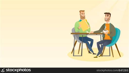 Two businessmen talking at a business meeting. Businessmen drinking coffee at a business meeting. Two caucasian businessmen during business meeting. Vector flat design illustration. Horizontal layout.. Two businessmen during business meeting.