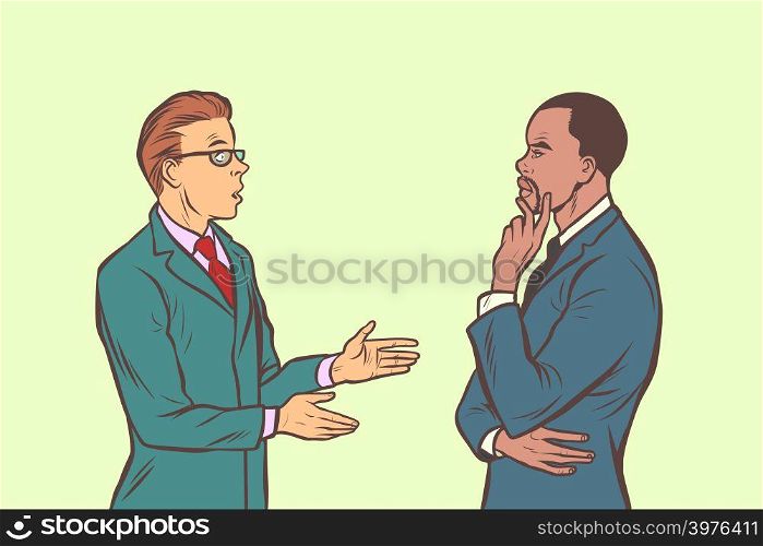 Two businessmen talking. Multi ethnic group. Comic cartoon pop art retro vector illustration drawing. Two businessmen talking. Multi ethnic group