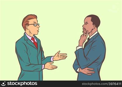 Two businessmen talking. Multi ethnic group. Comic cartoon pop art retro vector illustration drawing. Two businessmen talking. Multi ethnic group
