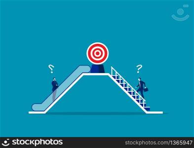 Two businessmen use different way by escalator and stair. to success concept vector