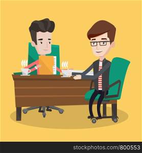 Two businessmen with cups of coffee talking in the office. Businessman interviewing male candidate for a position. Two men during business meeting. Vector flat design illustration. Square layout.. Two businessmen during business meeting.