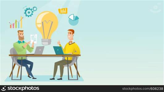 Two businessmen working on a business idea. Businessmen thinking about new business idea. Businessman sharing business ideas. Business idea concept. Vector flat design illustration. Horizontal layout.. Successful business idea vector illustration.