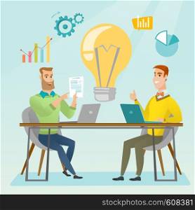 Two businessmen working on a new business idea. Businessmen thinking about new business idea. Businessman sharing business ideas. Business idea concept. Vector flat design illustration. Square layout.. Successful business idea vector illustration.