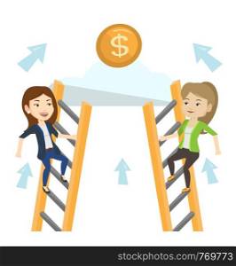 Two businesswomen competing for the money. Two competitive business women climbing the ladder on a cloud. Competition in business concept. Vector flat design illustration isolated on white background.. Two business women competing for the money.