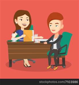 Two businesswomen talking on business meeting. Businesswomen drinking coffee on business meeting. Two caucasian businesswomen during business meeting. Vector flat design illustration. Square layout. Two businesswomen during business meeting.