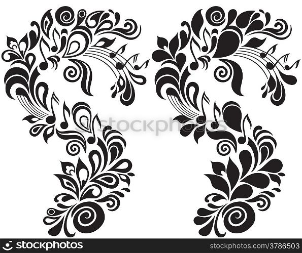 Two bw decorative vector musical floral illustrations