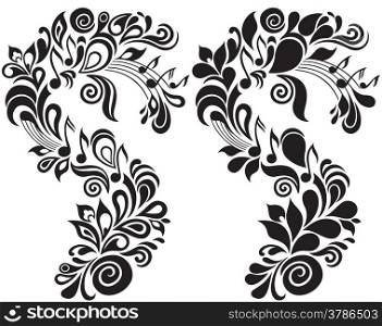 Two bw decorative vector musical floral illustrations