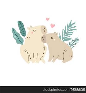 Two capybaras in love sitting in a jungle forest. Romantic design with cute animals. Two capybaras in love sitting in a jungle forest.