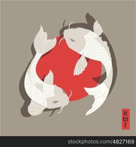 Two carp koi fish swimming around Sun, traditional Japanese style, vector illustration