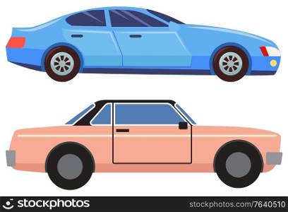 Two cars isolated on white background. Blue sedan with dark glasses. Pink small and old vehicle cabriolet. Auto to drive and get your destination quickly. Vector illustration in flat cartoon style. Cars Isolated on White, Cabriolet and Sedan