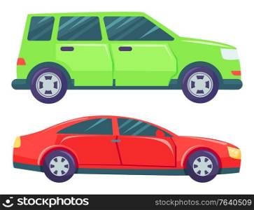 Two cars isolated on white background. Green large minivan or multi purpose vehicle. Red small hatchback or sedan. Auto to drive and get your destination quickly. Vector illustration in flat style. Cars Isolated on White, Minivan and Hatchback