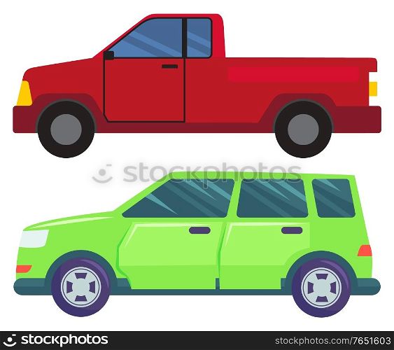Two cars isolated on white background. Green large minivan or multi purpose vehicle. Red american pickup with big boot. Auto to drive and get your destination quickly. Vector illustration flat style. Big Cars Isolated on White, Pickup and Minivan