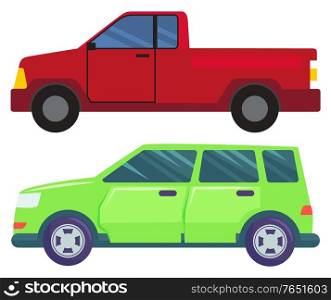 Two cars isolated on white background. Green large minivan or multi purpose vehicle. Red american pickup with big boot. Auto to drive and get your destination quickly. Vector illustration flat style. Big Cars Isolated on White, Pickup and Minivan
