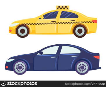 Two cars isolated on white background. Yellow taxi for people transportation. Dark blue small hatchback or sedan. Vehicle to drive and get your destination quickly. Vector illustration in flat style. Cars Isolated on White Background, Taxi and Sedan
