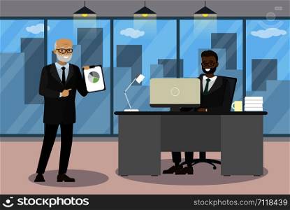 two cartoon businessmen communicate in modern office,concept of success,Flat vector illustration. two cartoon businessmen communicate in modern office