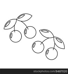 Two cartoon cherry berries with leaves in black and white
