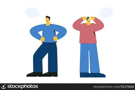 Two cartoon confident and miserable male with speech bubbles isolated on white background. Colorful person standing thinking with think balloons big limbs style vector flat illustration. Two cartoon confident and miserable male with speech bubbles isolated on white