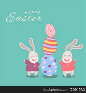Two cartoon easter bunnies happily playing near easter eggs. Bright easter card in cartoon style Happy easter card with bunnies and eggs vector illustrations on a pastel turquoise background. Happy easter card with bunnies and eggs vector illustrations on a pastel turquoise background