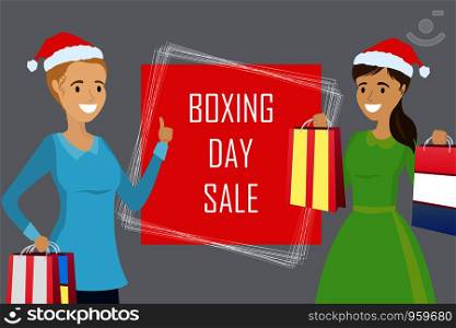 two cartoon, happy woman with shopping bags,Boxing day Sale banner.Stock Vector illustration. two cartoon, happy woman with shopping bags