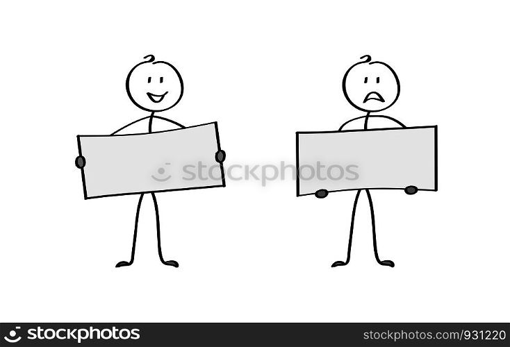 Two cartoon men holding posters, space for text. Flat design.