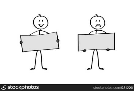 Two cartoon men holding posters, space for text. Flat design.