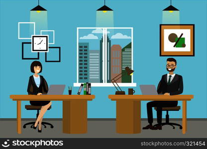 Two cartoon office workers. The young woman and man is an employees at work. Vector flat illustration. Two cartoon office workers