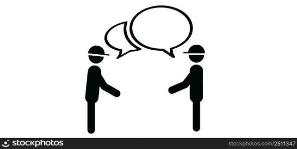 Two cartoon stickman, stick figure man, dialogue, speaking people icon. Talk or chat icon or pictogram. talking, speech bubble symbol