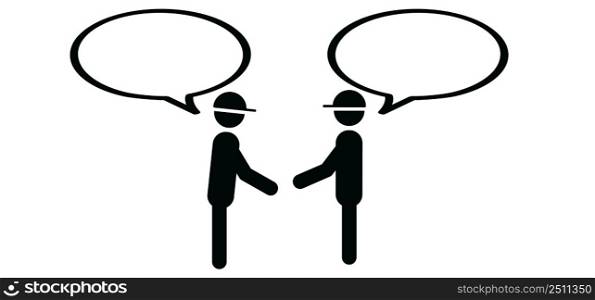 Two cartoon stickman, stick figure man, dialogue, speaking people icon. Talk or chat icon or pictogram. talking, speech bubble symbol