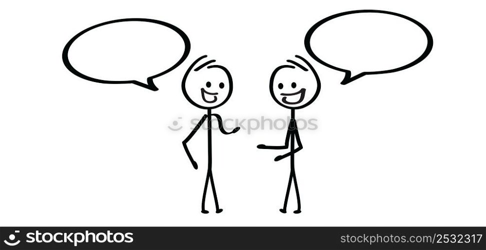 Two cartoon stickman, stick figure man, dialogue, speaking people icon or pictogram. Talk or chat icon or pictogram. talking, speech bubble symbol. Friendship conversation. People talking, feedback