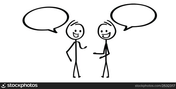 Two cartoon stickman, stick figure man, dialogue, speaking people icon or pictogram. Talk or chat icon or pictogram. talking, speech bubble symbol. Friendship conversation. People talking, feedback