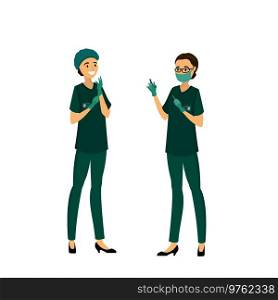 Two cartoon woman surgeon, isolated on white background,vector illustration. Two cartoon woman surgeon