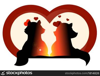 two cats in love are sitting on the beach, admiring the sunrise, shadow, Valentine&rsquo;s Day