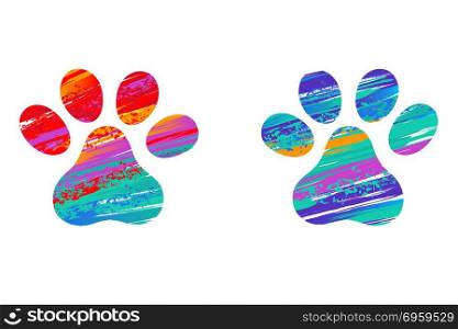 Two cats paw prints, decorated with strokes of bright paint on a white background.Drawing paint. Cat&rsquo;s paw. Brush strokes. Paw Print.. Two cat&rsquo;s colorful paws