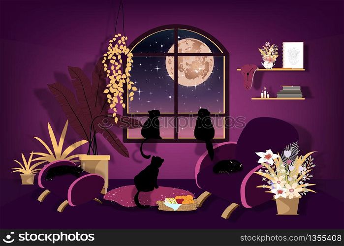 Two cats sitting on window looking at pink moon, Cat family relaxing in living room looking through window at full moon, Cartoon vector illustration for vet service, cats care or animals health care