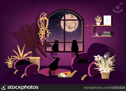 Two cats sitting on window looking at pink moon, Cat family relaxing in living room looking through window at full moon, Cartoon vector illustration for vet service, cats care or animals health care