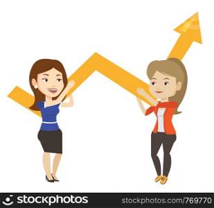 Two caucasain business women holding growth graph. Cheerful business team with growth graph. Concept of business growth and teamwork. Vector flat design illustration isolated on white background.. Two business women holding growth graph.