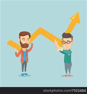 Two caucasain smiling business men holding growth graph. Cheerful business team with growth graph. Concept of business growth and teamwork. Vector flat design illustration. Square layout.. Two business men holding growth graph.