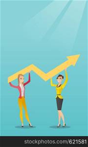 Two caucasain smiling business women holding growth graph. Cheerful business team with growth graph. Concept of business growth and teamwork. Vector flat design illustration. Vertical layout.. Two business women holding growth graph.