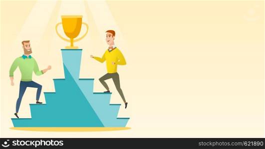 Two caucasian business men competing to get golden trophy. Two competitive business men running up for the winner cup. Business competition concept. Vector flat design illustration. Horizontal layout.. Two men competing for the business award.