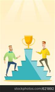 Two caucasian business men competing to get golden trophy. Two competitive business men running up for the winner cup. Business competition concept. Vector flat design illustration. Vertical layout.. Two men competing for the business award.